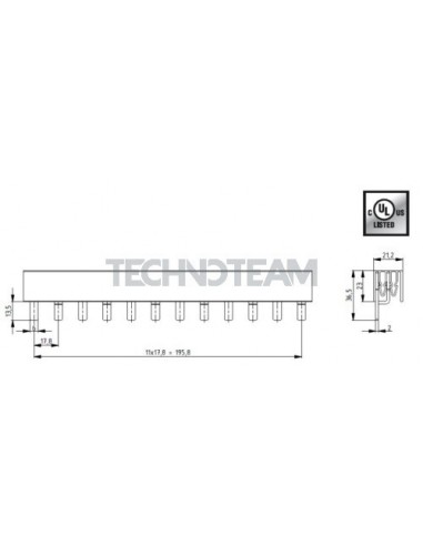 Busbar isolated pin 2poles 1000VDC 18mm2 12x17,8mm 90 UL